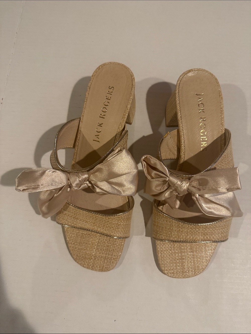 Jack Rogers Women's Beige Bow Block Heel Sandals